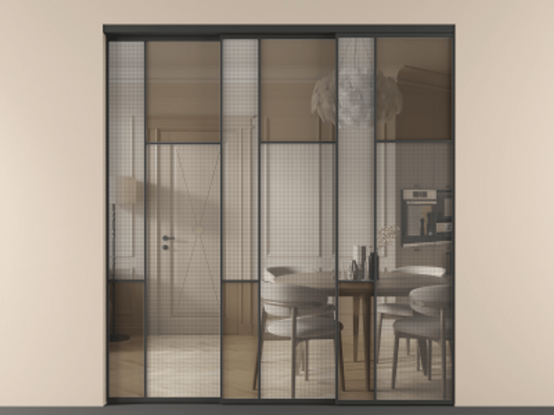 Перегородка Mosaic внутри проема телескопик синхро-3 АЛПР 041.11 Алюминий Черный Mesh silver + Бронза прозрачное триплекс Цена 404140 ₽ | Volhovec