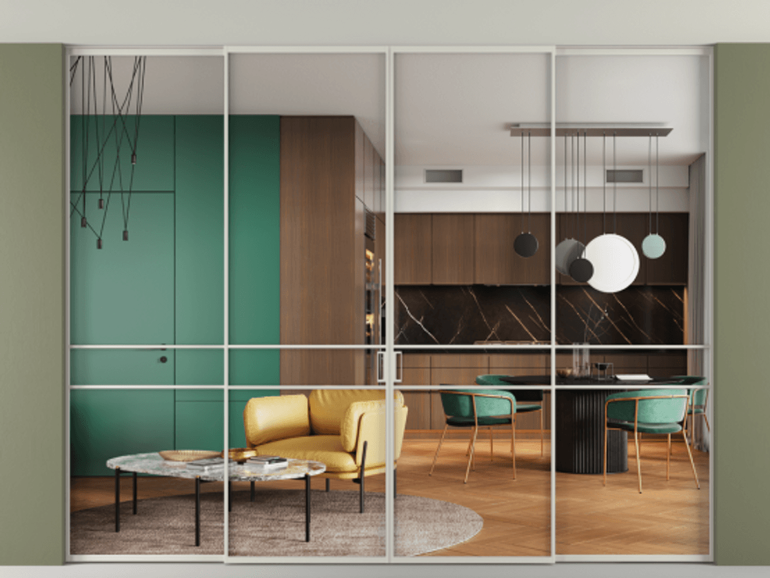 Перегородка Formato внутри проёма скрытое крепление в потолок 4 створки АЛПР 040.02 Алюминий тёплый серый Прозрачное стекло "Crystal Vision", калёное Цена 555140 ₽ | Volhovec