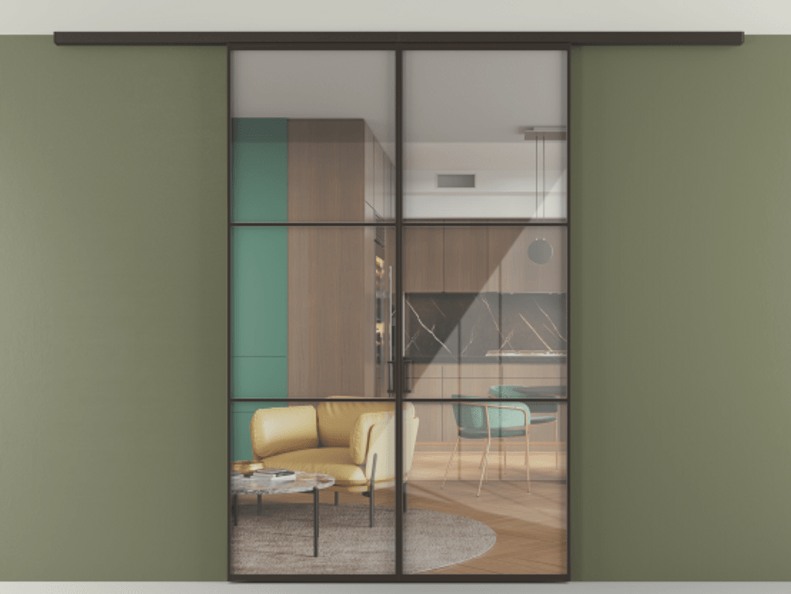 Перегородка Формато вдоль стены на потолок 2 створки АЛПР 040.03 Алюминий антрацит Рефлективное прозрачное стекло "Стопсол", калёное Цена 207676 ₽ | Volhovec