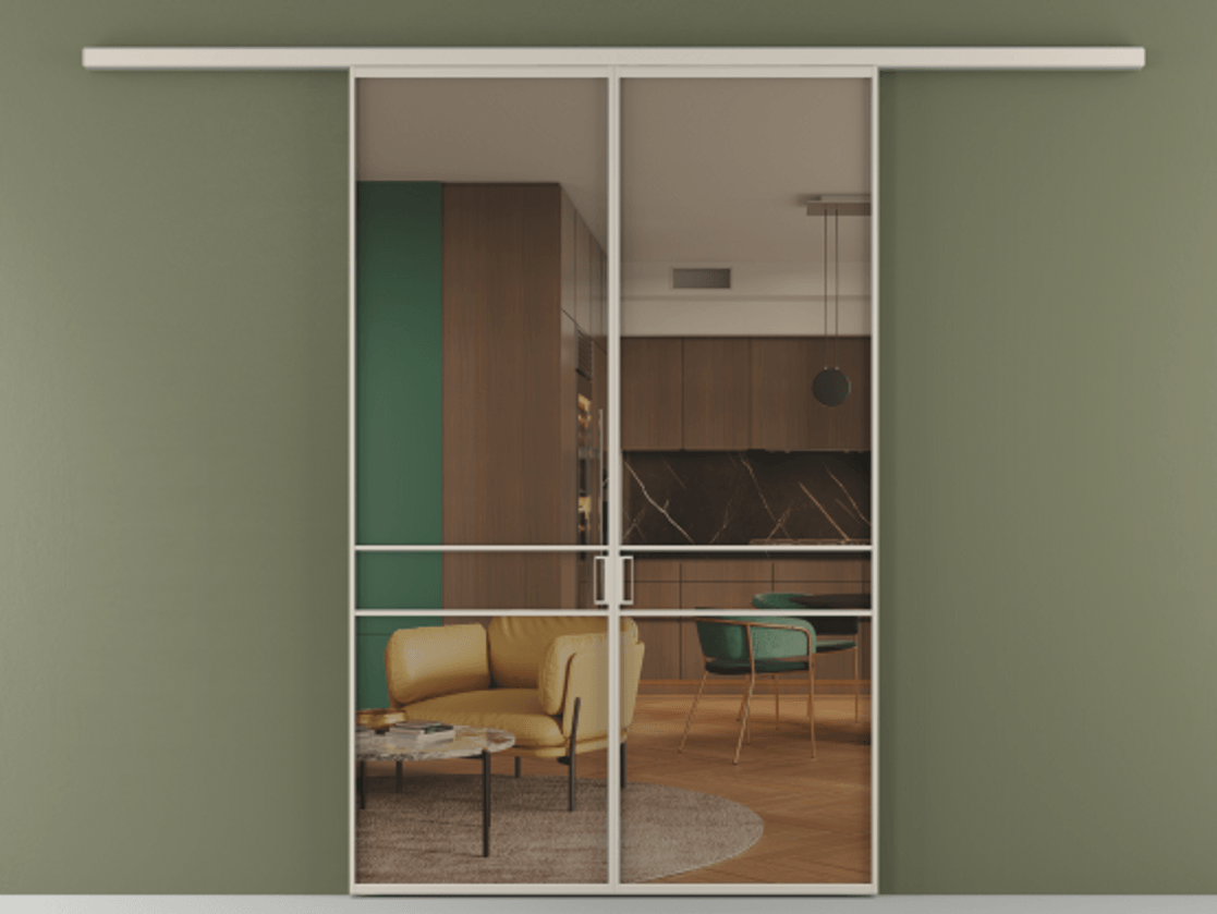 Перегородка Формато вдоль стены 2 створки АЛПР 040.02 Алюминий светло-бежевый Прозрачное бронзовое стекло, триплекс Цена 195450 ₽ | Volhovec