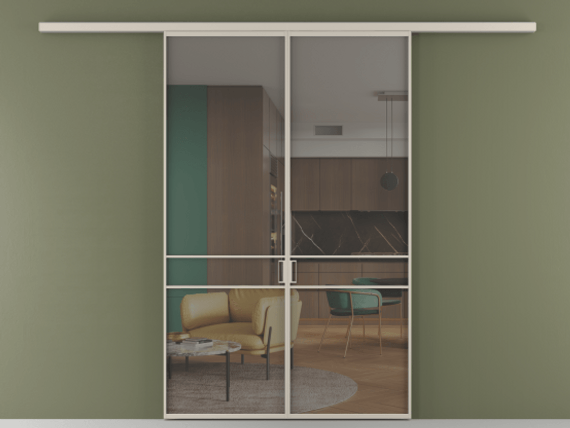 Перегородка Formato вдоль стены 2 створки АЛПР 040.02 Алюминий светло-бежевый Прозрачное серое стекло, триплекс Цена 233000 ₽ | Volhovec