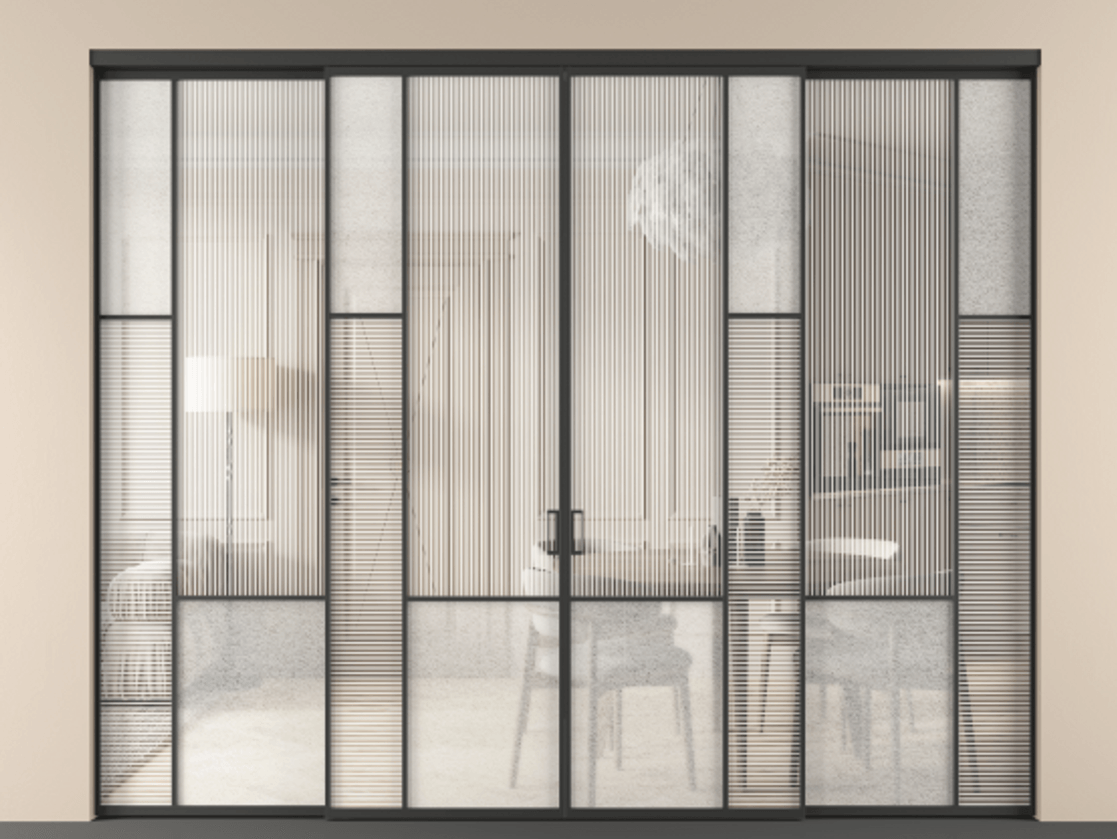 Перегородка Мозаик внутри проёма 4 створки АЛПР 041.12 Алюминий Черный Рифлёное стекло "Дюна", триплекс, 6 мм + Фактурное стекло "Лёд", триплекс Цена 473960 ₽ | Volhovec