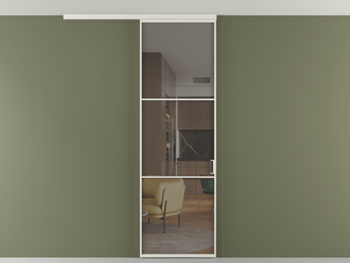 Перегородка Формато вдоль стены на потолок 1 створка АЛПР 040.03 Алюминий серый Прозрачное серое стекло, триплекс Цена 100988 ₽ | Volhovec