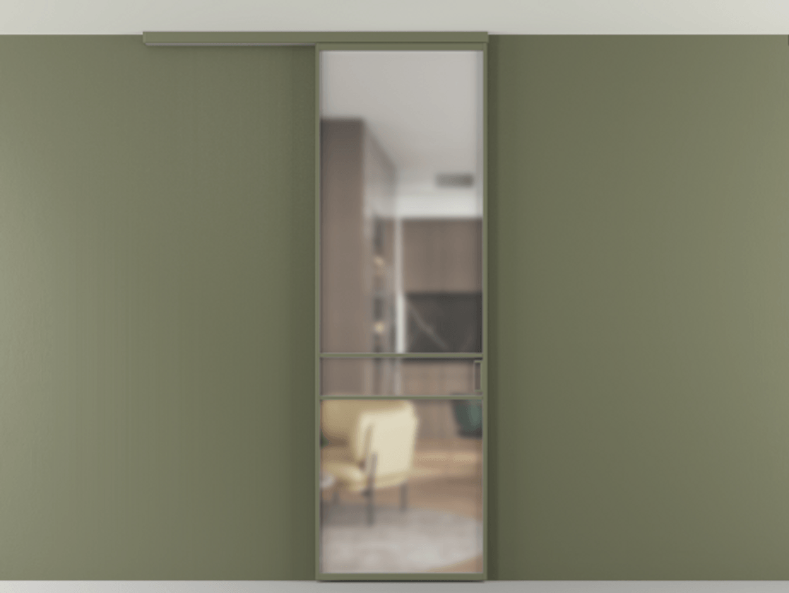 Перегородка Формато вдоль стены на потолок 1 створка АЛПР 040.02 Алюминий оливковый тёмный Сатинированное стекло "Мателюкс Кристал Вижн", калёное, матовое, каленое 6 мм Цена 107388 ₽ | Volhovec