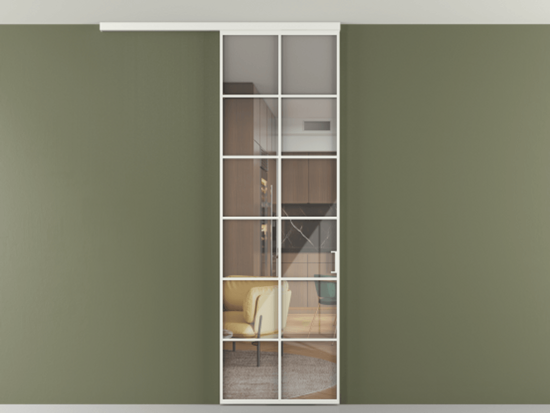 Перегородка Формато вдоль стены на потолок 1 створка АЛПР 040.05 Алюминий светло-серый Рефлективное прозрачное стекло "Стопсол", калёное Цена 134090 ₽ | Volhovec