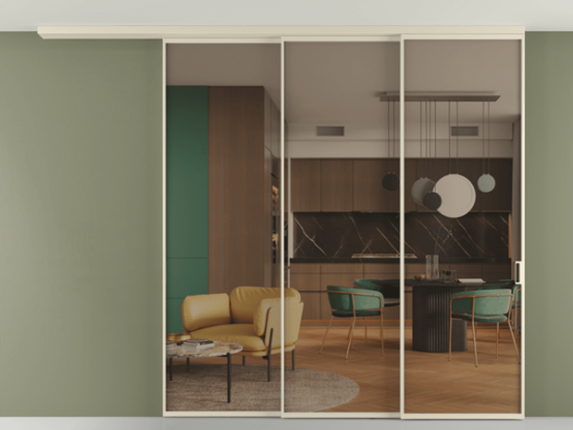 Перегородка Формато вдоль стены на потолок 3 створки с синхронным механизмом АЛПР 040.01 Алюминий бежево-серый Прозрачное бронзовое стекло, триплекс Цена 382108 ₽ | Volhovec