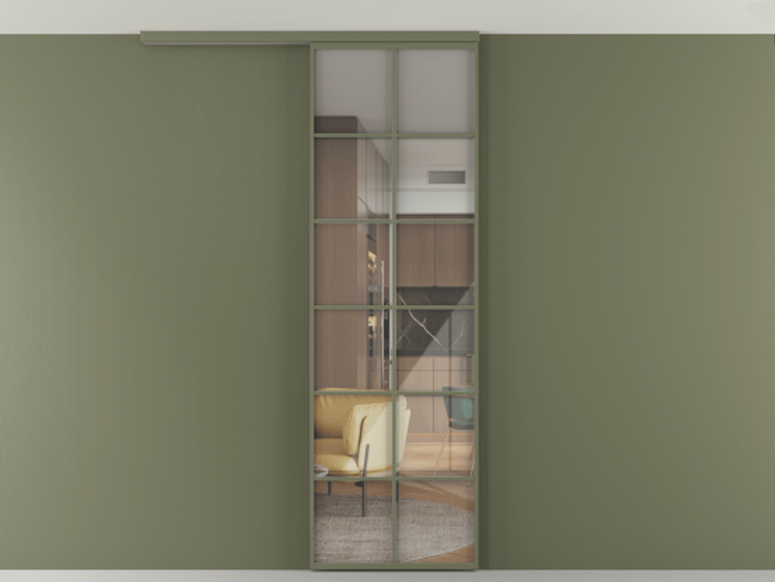 Перегородка Формато вдоль стены на потолок 1 створка АЛПР 040.05 Алюминий оливковый тёмный Рефлективное прозрачное стекло "Стопсол", калёное Цена 114252 ₽ | Volhovec