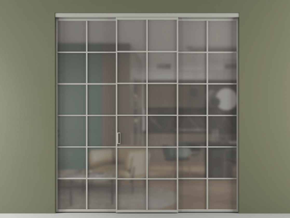 Перегородка Формато внутри проёма 3 створки АЛПР 040.05 Алюминий нейтральный серый Сатинированное серое стекло, триплекс Цена 254825 ₽ | Volhovec