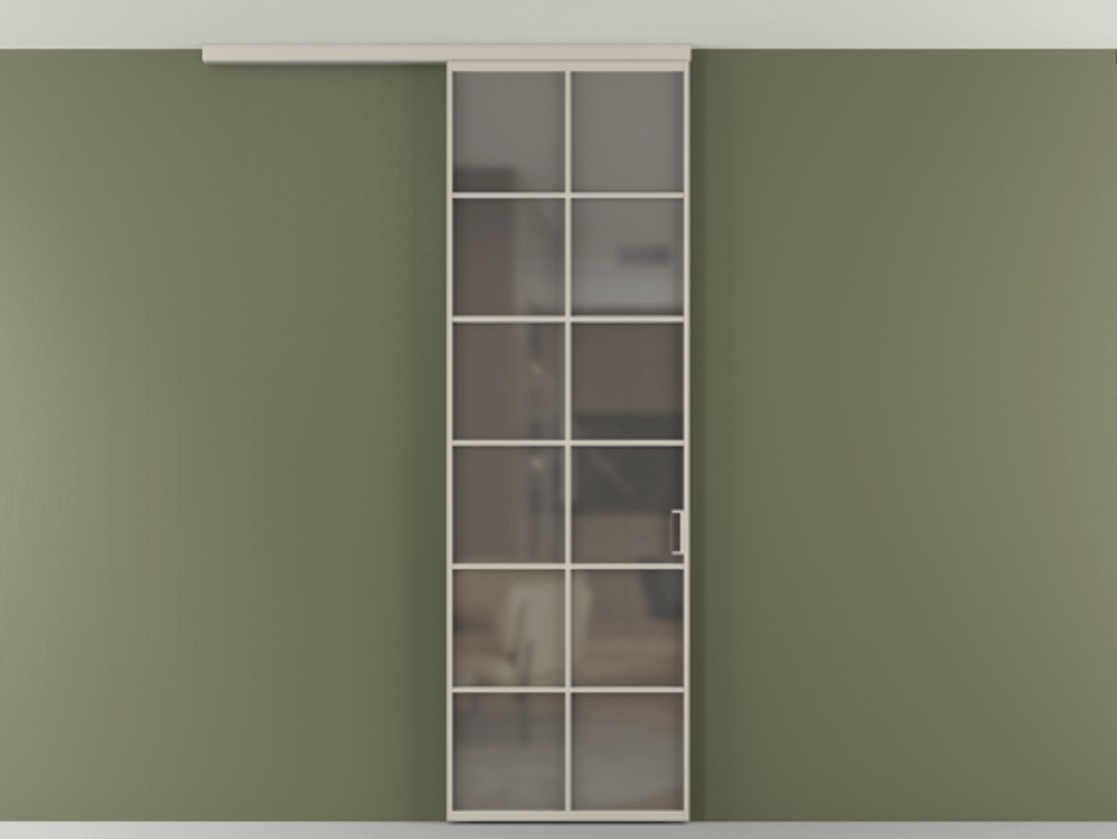 Перегородка Формато вдоль стены на потолок 1 створка АЛПР 040.05 Алюминий светло-бежевый Сатинированное серое стекло, триплекс Цена 107852 ₽ | Volhovec