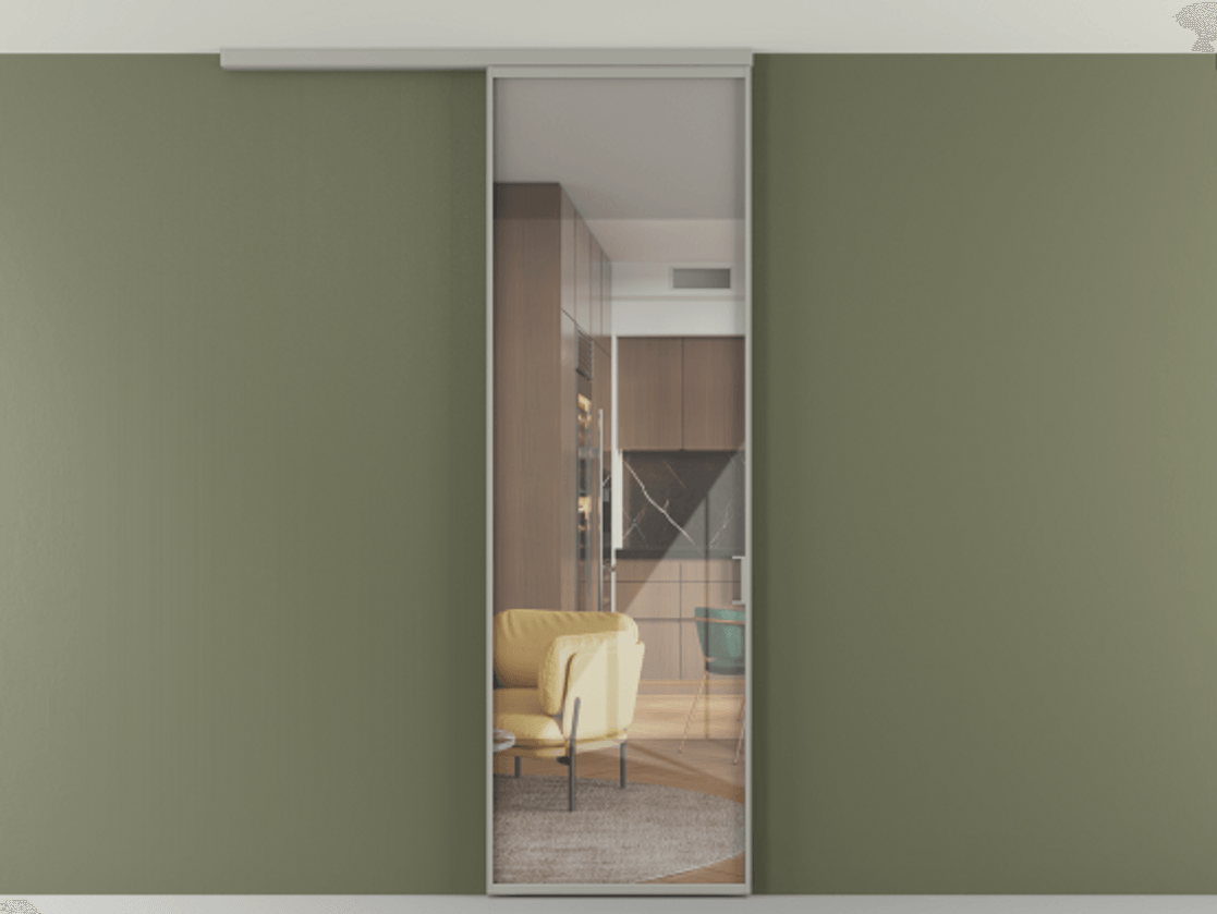 Перегородка Формато вдоль стены на потолок 1 створка АЛПР 040.01 Алюминий нейтральный серый Рефлективное прозрачное стекло "Стопсол", калёное Цена 102636 ₽ | Volhovec