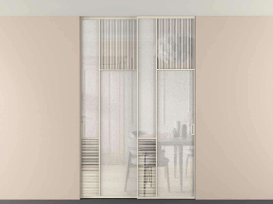 Перегородка Мозаик внутри проёма скрытое крепление в потолок 2 створки АЛПР 041.11 Алюминий бежево-серый Рифлёное стекло "Дюна", триплекс, 6 мм + Фактурное стекло "Лёд", триплекс Цена 340580 ₽ | Volhovec
