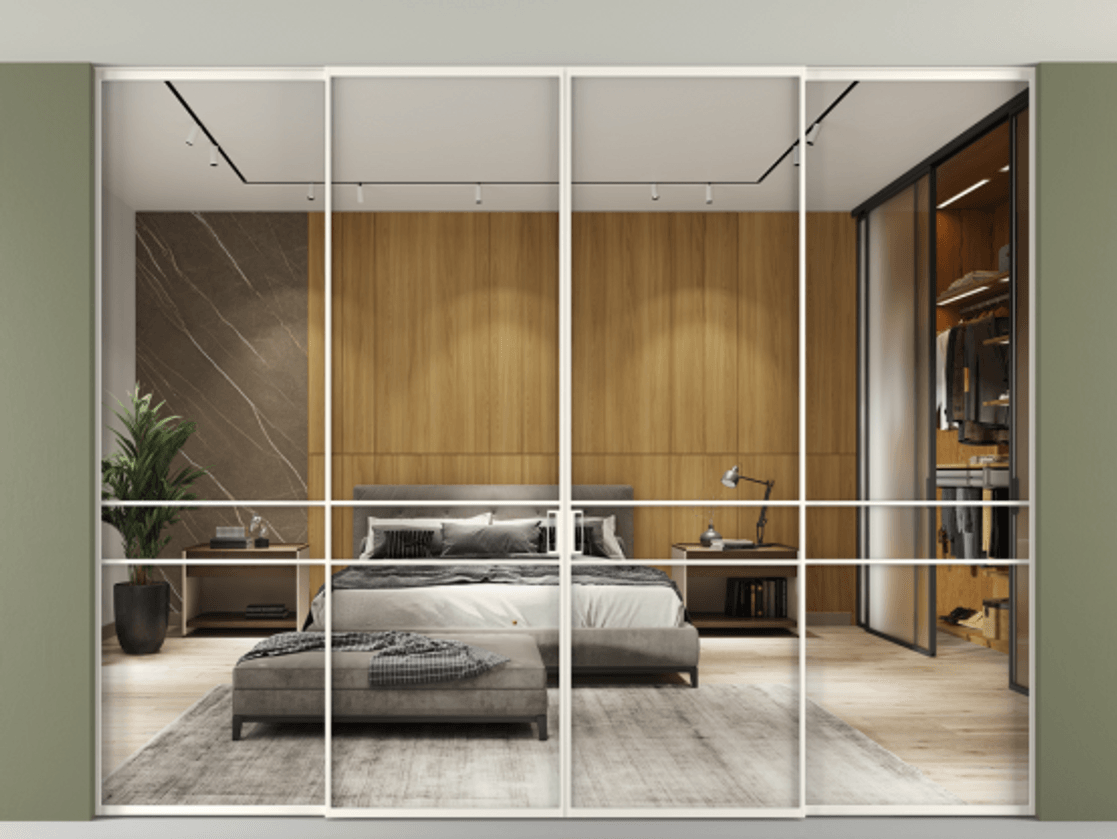 Перегородка Формато внутри проёма скрытое крепление в потолок 4 створки АЛПР 040.02 Алюминий пудровый белый Двустороннее зеркало, триплекс , триплекс 6 мм Цена 440530 ₽ | Volhovec