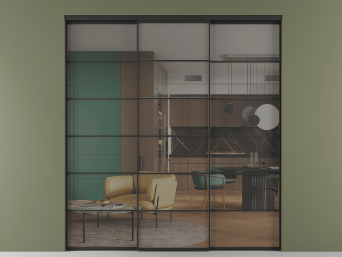 Перегородка Формато внутри проёма 3 створки АЛПР 040.04 Алюминий Черный Прозрачное серое стекло, триплекс Цена 244625 ₽ | Volhovec