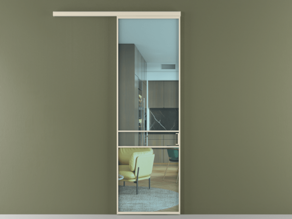 Межкомнатная дверь New Перегородка Formato вдоль стены одностворчатая АЛПР 040.02 Алюминий бежево-серый Прозрачное голубое стекло, триплекс Цена 114100  | Volhovec