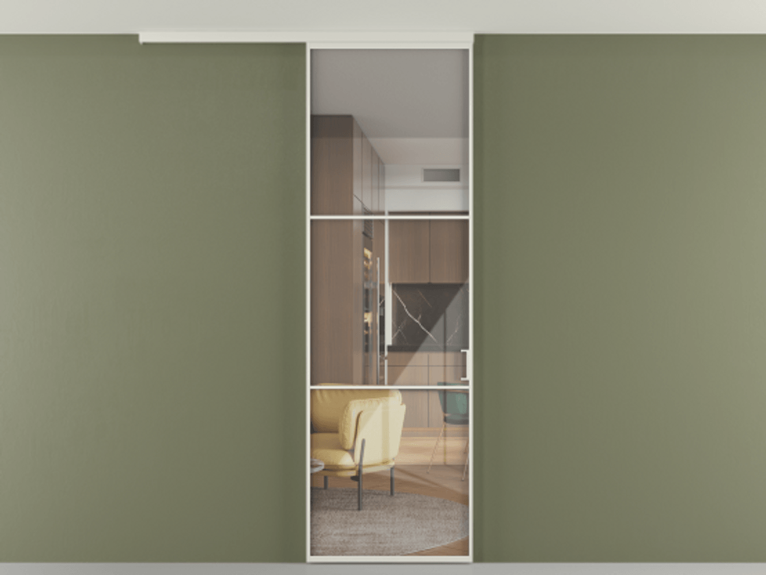 Перегородка Формато вдоль стены на потолок 1 створка АЛПР 040.03 Алюминий Белый Рефлективное прозрачное стекло "Стопсол", калёное Цена 120850 ₽ | Volhovec