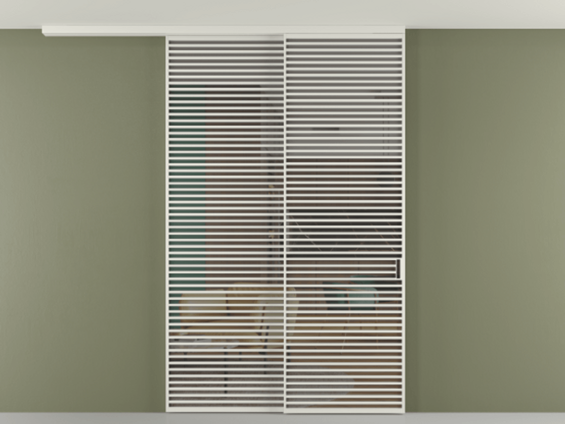 Перегородка Формато вдоль стены на потолок 2 створки с синхронным механизмом АЛПР 040.07 Алюминий серый Прозрачное серое стекло, триплекс Цена 450456 ₽ | Volhovec