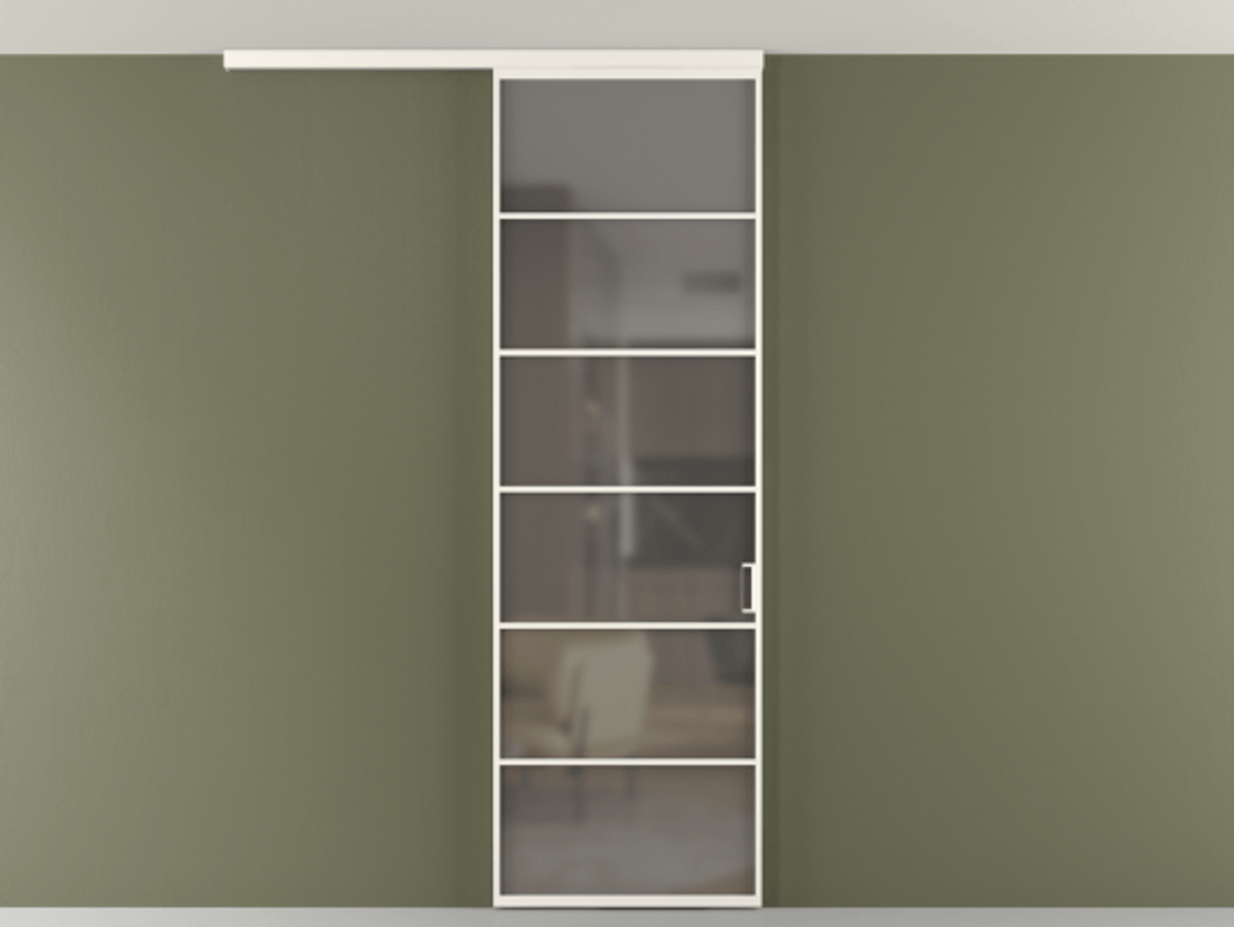 Перегородка Формато вдоль стены на потолок 1 створка АЛПР 040.04 Алюминий пудровый белый Сатинированное серое стекло, триплекс Цена 103293 ₽ | Volhovec