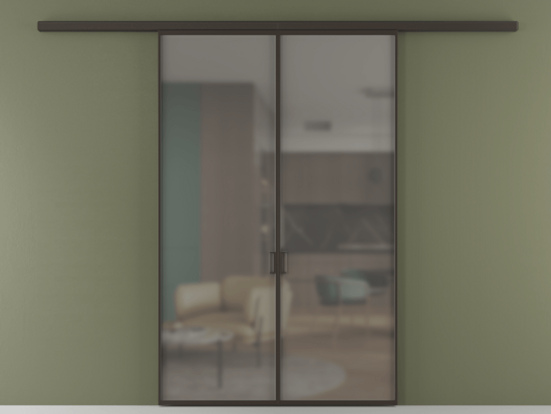 Перегородка Formato вдоль стены 2 створки АЛПР 040.01 Алюминий антрацит Сатинированное серое стекло, триплекс Цена 222200 ₽ | Volhovec