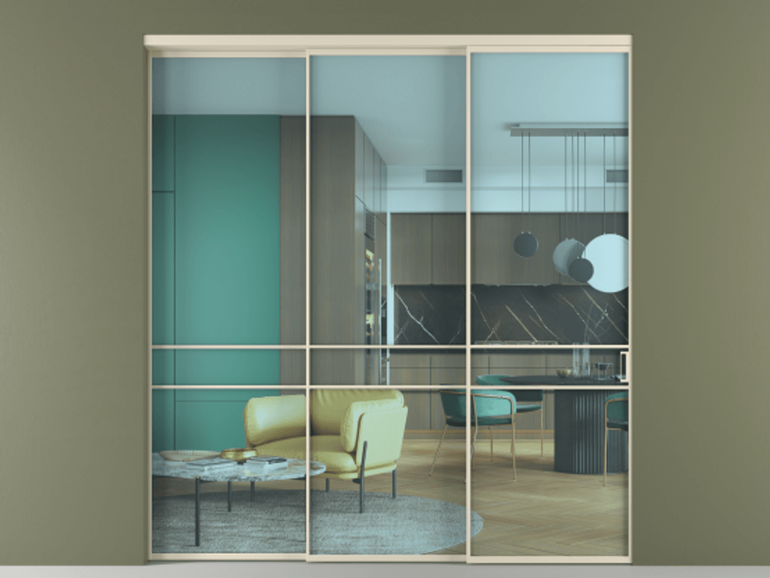 Межкомнатная дверь New Перегородка Formato внутри проёма телескопик синхро 2 АЛПР 040.02 Алюминий бежево-серый Прозрачное голубое стекло, триплекс Цена 376700  | Volhovec