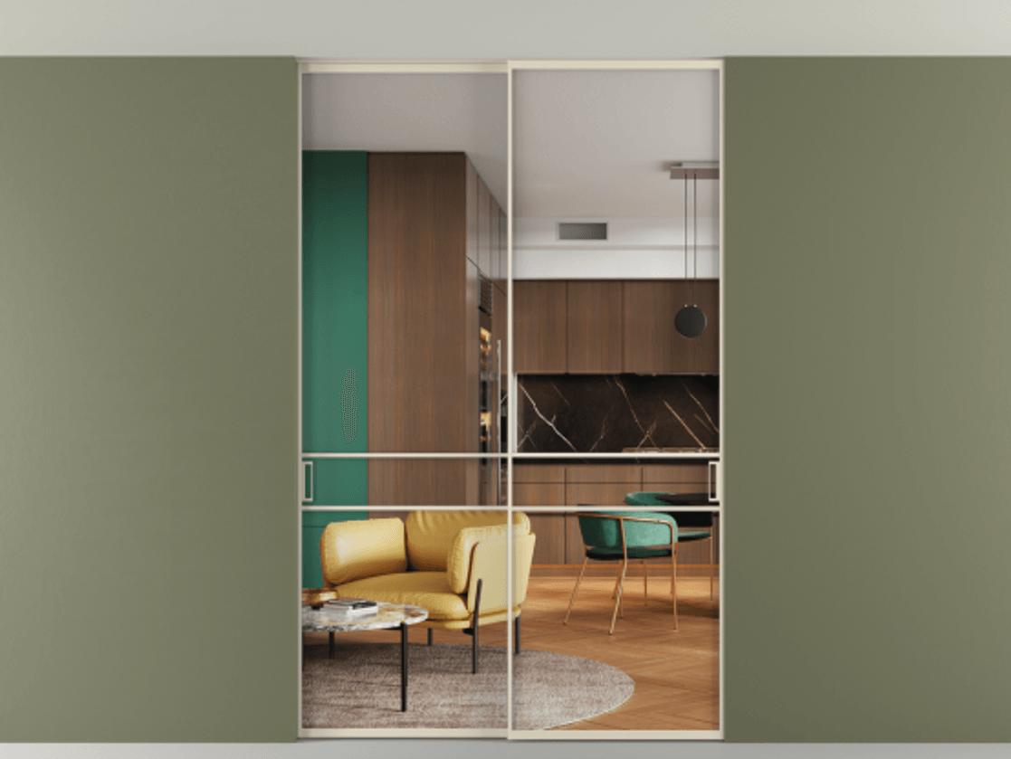 Перегородка Формато внутри проёма скрытое крепление в потолок 2 створки АЛПР 040.02 Алюминий бежево-серый Прозрачное стекло "Кристал Вижн", калёное Цена 305520 ₽ | Volhovec