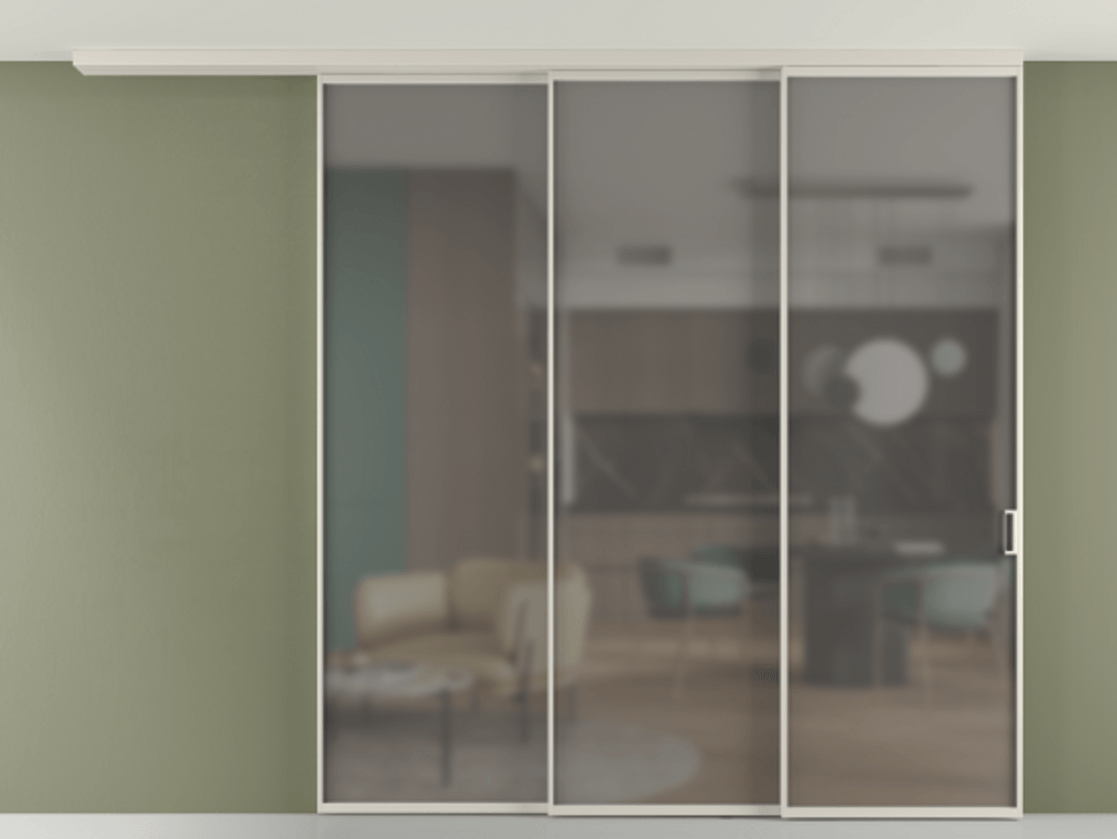 Перегородка Формато вдоль стены на потолок 3 створки с синхронным механизмом АЛПР 040.01 Алюминий облачно-серый Сатинированное серое стекло, триплекс Цена 382108 ₽ | Volhovec