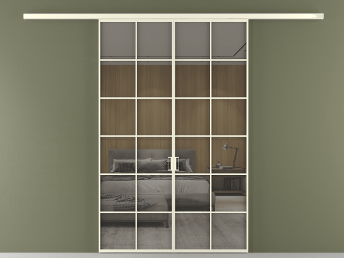 Перегородка Формато вдоль стены 2 створки АЛПР 040.05 Алюминий молочно-белый Рефлективное серое стекло "Стопсол", калёное Цена 264600 ₽ | Volhovec