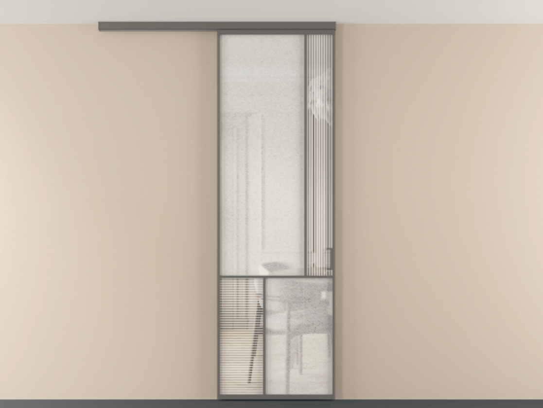 Перегородка Мозаик вдоль стены на потолок 1 створка АЛПР 041.21 Алюминий классический серый Рифлёное стекло "Дюна", триплекс, 6 мм + Фактурное стекло "Лёд", триплекс Цена 143040 ₽ | Volhovec