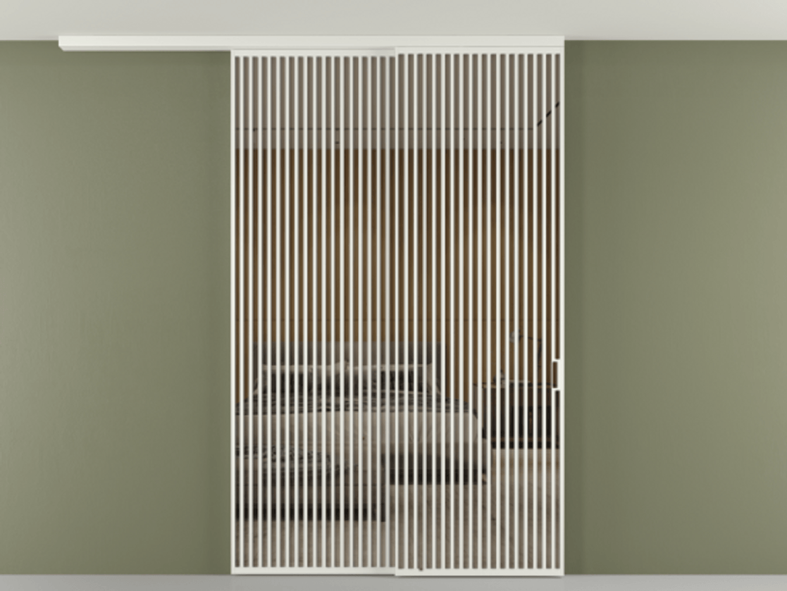 Перегородка Формато вдоль стены на потолок 2 створки с синхронным механизмом АЛПР 040.06 Алюминий светло-серый Рефлективное бронзовое стекло "Стопсол", калёное Цена 542620 ₽ | Volhovec