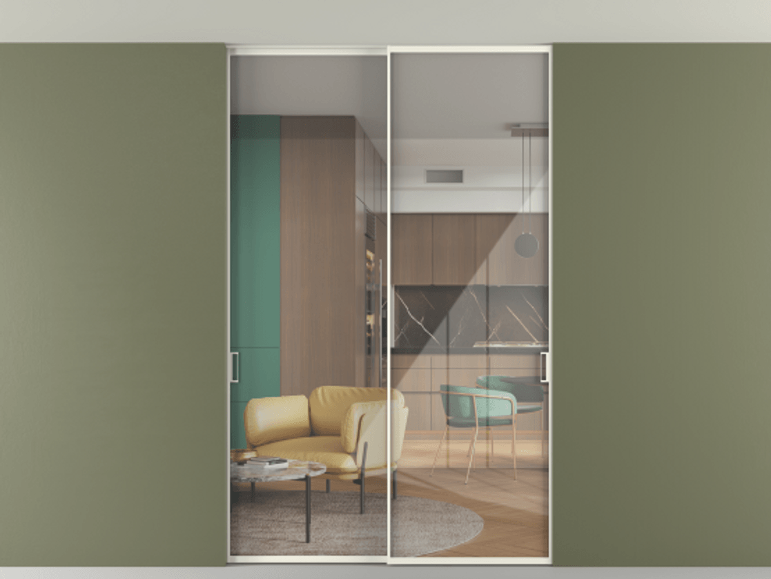 Перегородка Формато внутри проёма скрытое крепление в потолок 2 створки АЛПР 040.01 Алюминий жемчужный Рефлективное прозрачное стекло "Стопсол", калёное Цена 293640 ₽ | Volhovec