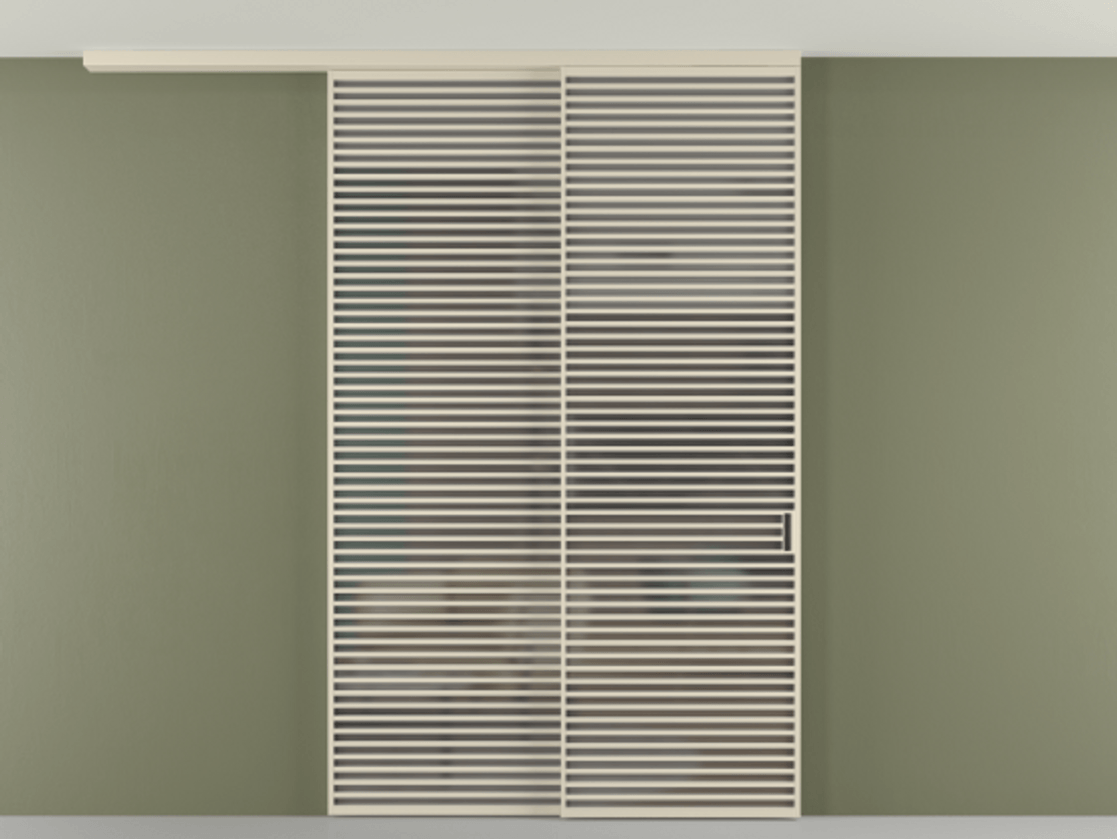 Перегородка Формато вдоль стены на потолок 2 створки с синхронным механизмом АЛПР 040.07 Алюминий бежево-серый Сатинированное серое стекло, триплекс Цена 450456 ₽ | Volhovec