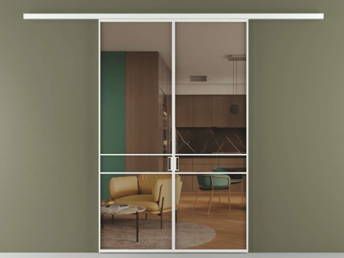 Перегородка Формато вдоль стены 2 створки АЛПР 040.02 Алюминий белоснежный Прозрачное бронзовое стекло, триплекс Цена 195450 ₽ | Volhovec