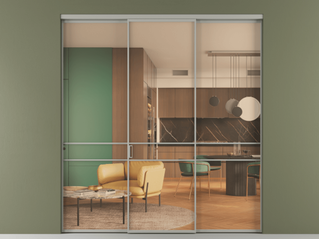 Перегородка Формато внутри проёма 3 створки АЛПР 040.02 Алюминий нейтральный серый Прозрачное оранжевое стекло, триплекс Цена 237275 ₽ | Volhovec