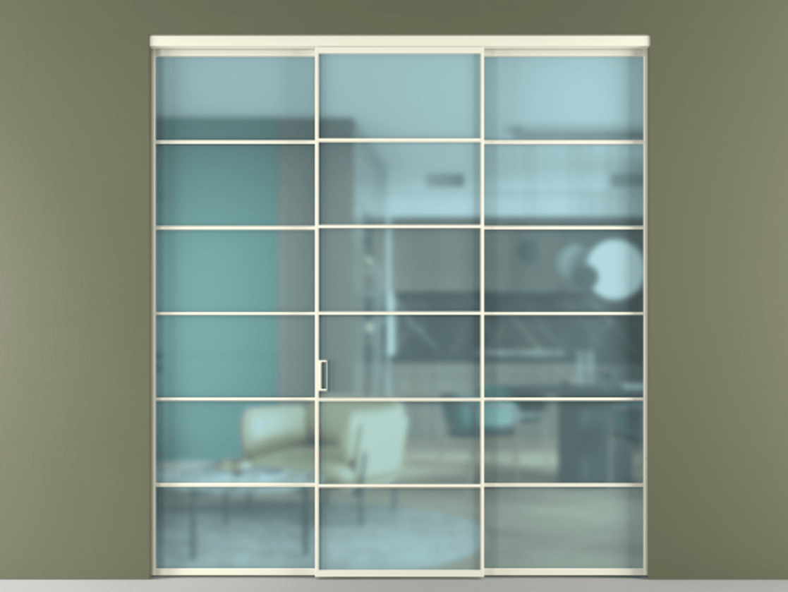 Перегородка Формато внутри проёма 3 створки АЛПР 040.04 Алюминий молочно-белый Сатинированное голубое стекло, триплекс Цена 254825 ₽ | Volhovec