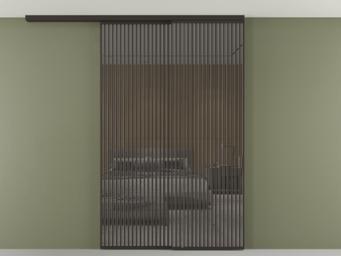 Перегородка Формато вдоль стены на потолок 2 створки с синхронным механизмом АЛПР 040.06 Алюминий антрацит Рефлективное серое стекло "Стопсол", калёное Цена 463256 ₽ | Volhovec