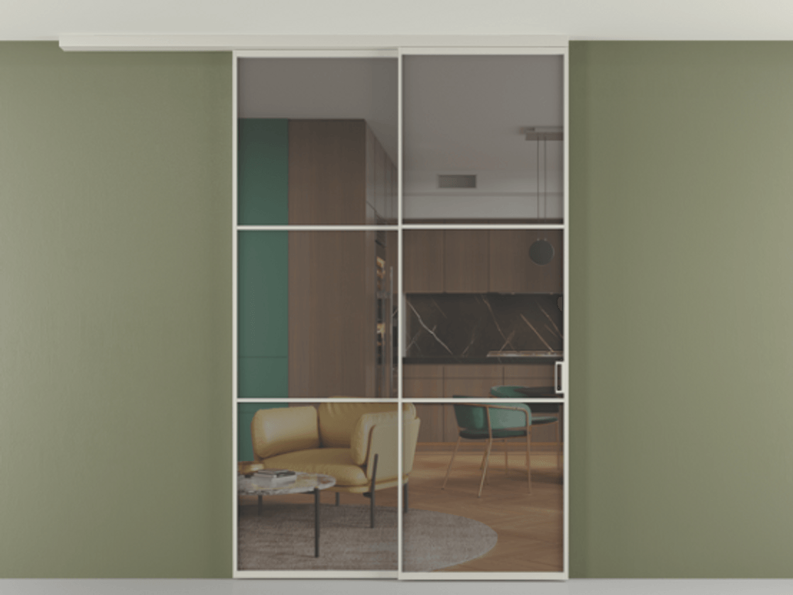 Перегородка Формато вдоль стены на потолок 2 створки с синхронным механизмом АЛПР 040.03 Алюминий тёплый серый Прозрачное серое стекло, триплекс Цена 311020 ₽ | Volhovec