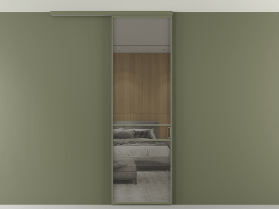 Перегородка Формато вдоль стены на потолок 1 створка АЛПР 040.02 Алюминий оливковый тёмный Рефлективное серое стекло "Стопсол", калёное Цена 125510 ₽ | Volhovec