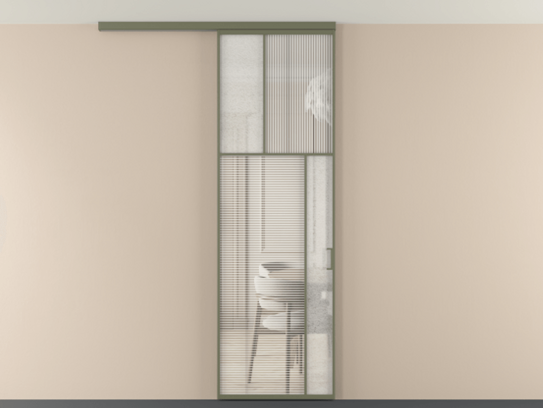 Перегородка Мозаик вдоль стены на потолок 1 створка АЛПР 041.23 Алюминий оливковый тёмный Рифлёное стекло "Дюна", триплекс, 6 мм + Фактурное стекло "Лёд", триплекс Цена 143040 ₽ | Volhovec