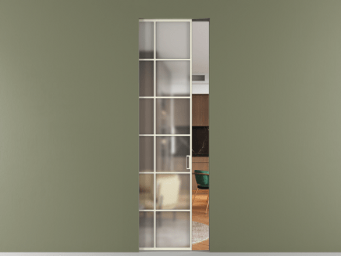 Перегородка Формато скрытый пенал 1 створка АЛПР 040.05 Алюминий молочно-белый Сатинированное стекло "Мателюкс Кристал Вижн", калёное, матовое, каленое 6 мм Цена 168020 ₽ | Volhovec