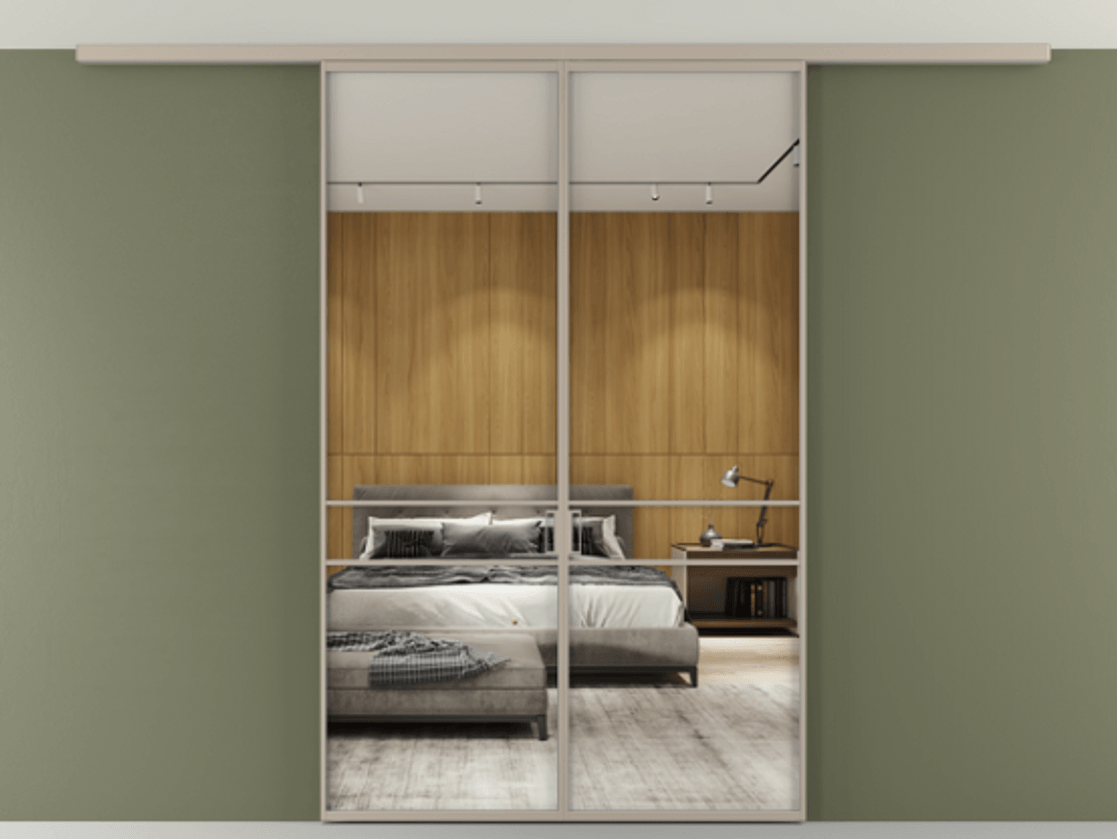 Перегородка Формато вдоль стены на потолок 2 створки АЛПР 040.02 Алюминий бисквитный Двустороннее зеркало, триплекс , триплекс 6 мм Цена 186615 ₽ | Volhovec