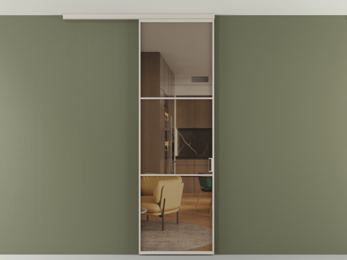 Перегородка Формато вдоль стены на потолок 1 створка АЛПР 040.03 Алюминий светло-бежевый Прозрачное бронзовое стекло, триплекс Цена 100988 ₽ | Volhovec