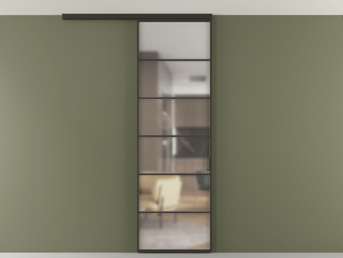 Перегородка Формато вдоль стены на потолок 1 створка АЛПР 040.04 Алюминий антрацит Сатинированное стекло "Мателюкс Кристал Вижн", калёное, матовое, каленое 6 мм Цена 134090 ₽ | Volhovec