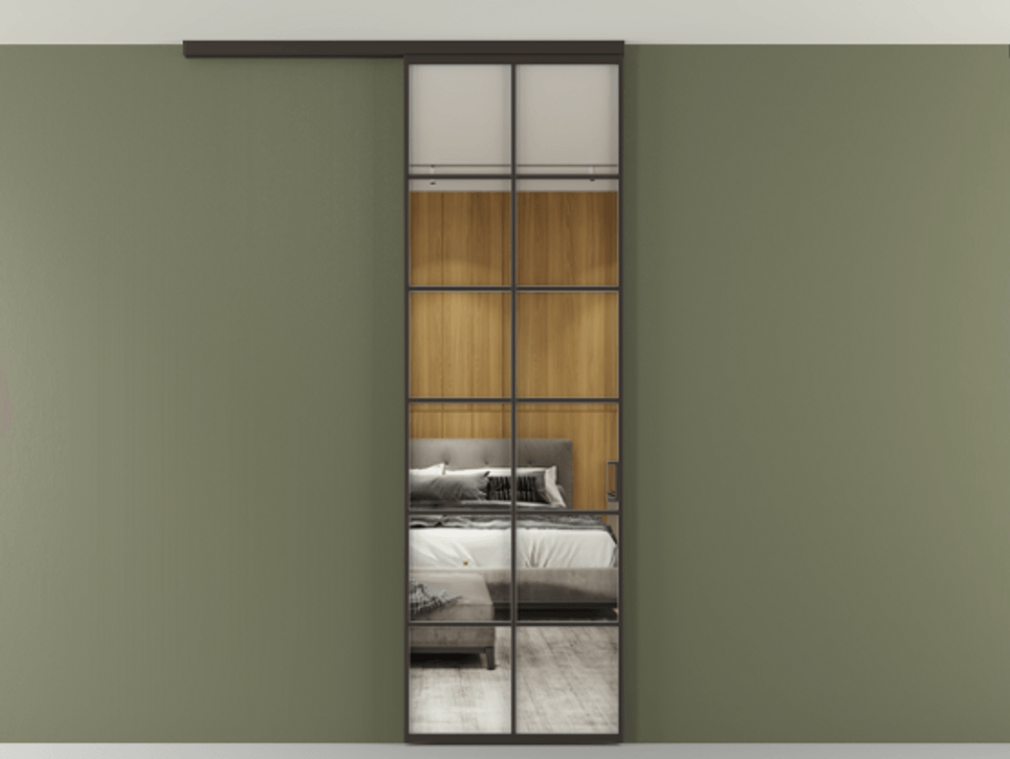 Перегородка Формато вдоль стены на потолок 1 створка АЛПР 040.05 Алюминий антрацит Двустороннее зеркало, триплекс , триплекс 6 мм Цена 107852 ₽ | Volhovec