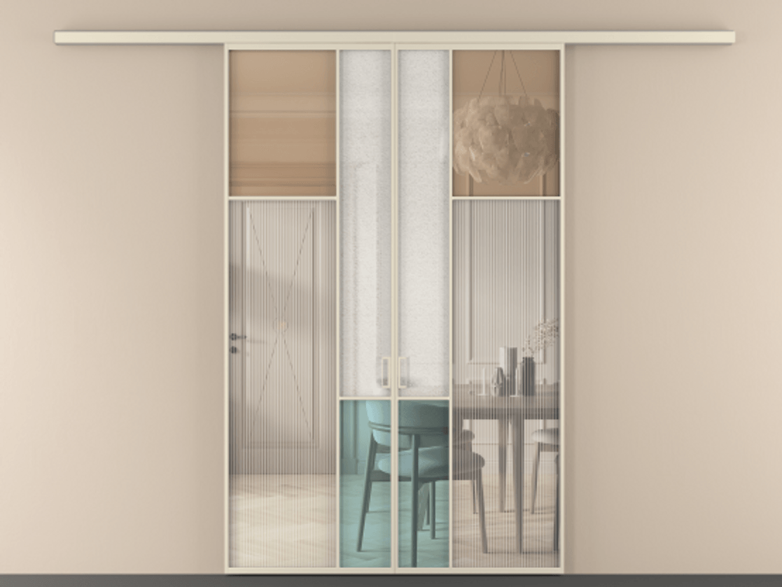 Перегородка Mosaic вдоль стены двустворчатая АЛПР 041.11 Алюминий бежево-серый Комбинация стекол Группы 1 и Группы 3 Цена 50676920 so'm | Volhovec