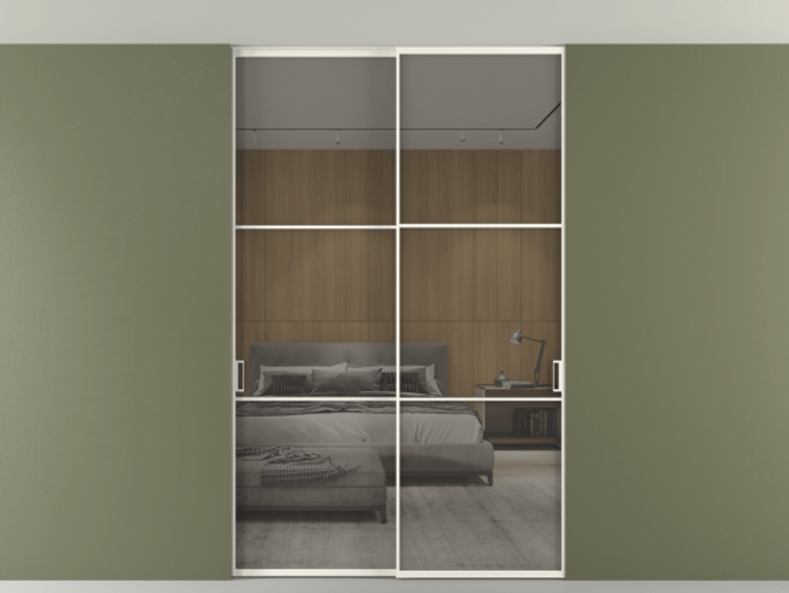 Перегородка Формато внутри проёма скрытое крепление в потолок 2 створки АЛПР 040.03 Алюминий пудровый белый Рефлективное серое стекло "Стопсол", калёное Цена 305520 ₽ | Volhovec