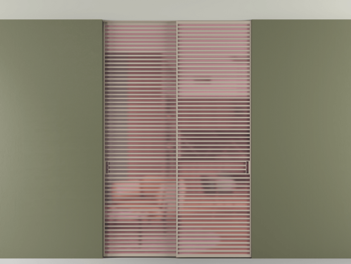 Перегородка Формато внутри проёма скрытое крепление в потолок 2 створки АЛПР 040.07 Алюминий бисквитный Сатинированное розовое стекло, триплекс Цена 409915 ₽ | Volhovec