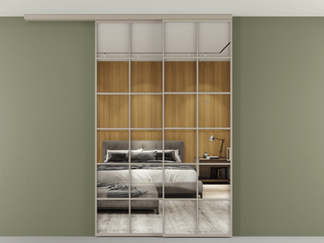 Перегородка Формато вдоль стены на потолок 2 створки с синхронным механизмом АЛПР 040.05 Алюминий бисквитный Двустороннее зеркало, триплекс , триплекс 6 мм Цена 291704 ₽ | Volhovec