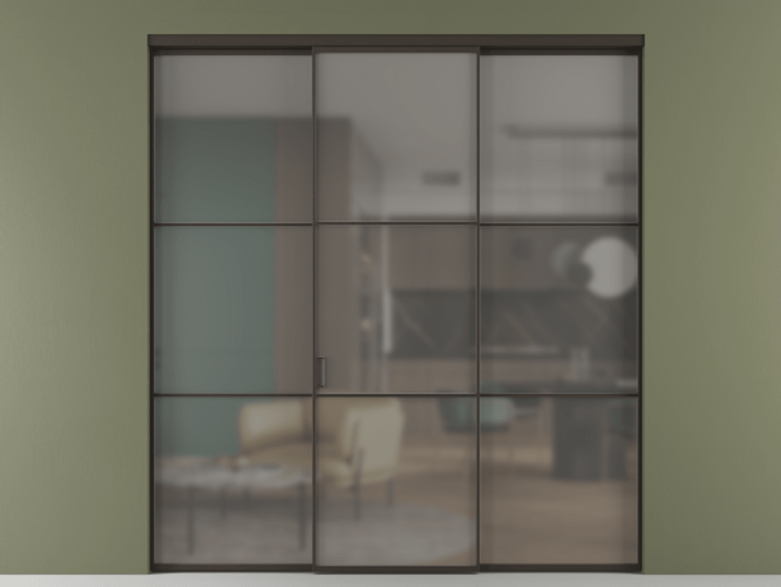 Перегородка Формато внутри проёма 3 створки АЛПР 040.03 Алюминий антрацит Сатинированное серое стекло, триплекс Цена 237275 ₽ | Volhovec