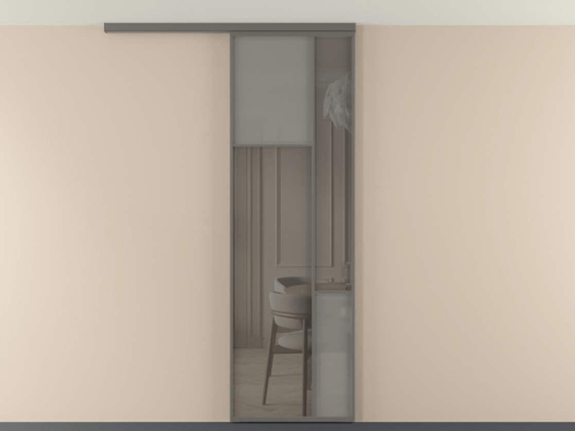 Перегородка Мозаик вдоль стены на потолок 1 створка АЛПР 041.10 Алюминий классический серый Сатинированное серое стекло, триплекс, 6 мм + Прозрачное серое стекло, триплекс Цена 135040 ₽ | Volhovec