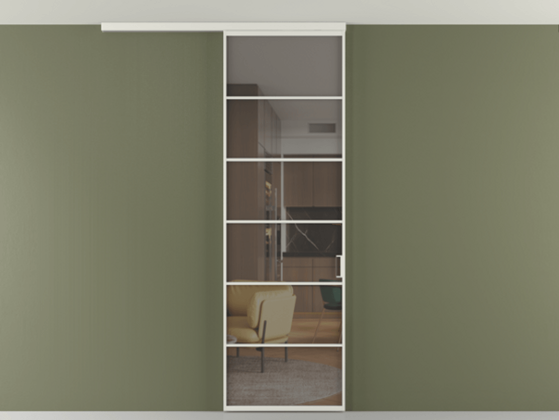 Перегородка Формато вдоль стены на потолок 1 створка АЛПР 040.04 Алюминий серый Прозрачное серое стекло, триплекс Цена 107852 ₽ | Volhovec