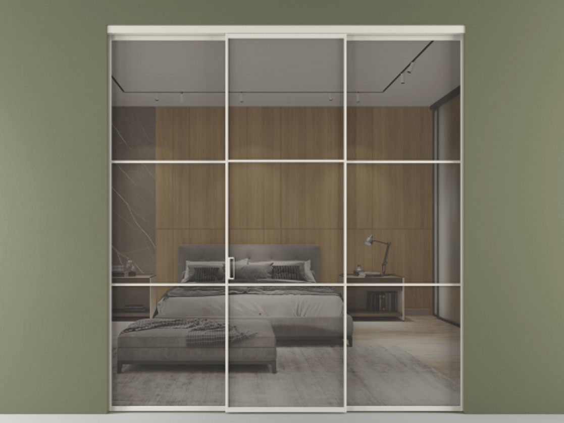 Перегородка Formato внутри проёма 3 створки АЛПР 040.03 Алюминий облачно-серый Рефлективное серое стекло "Stopsol", калёное Цена 317600 ₽ | Volhovec